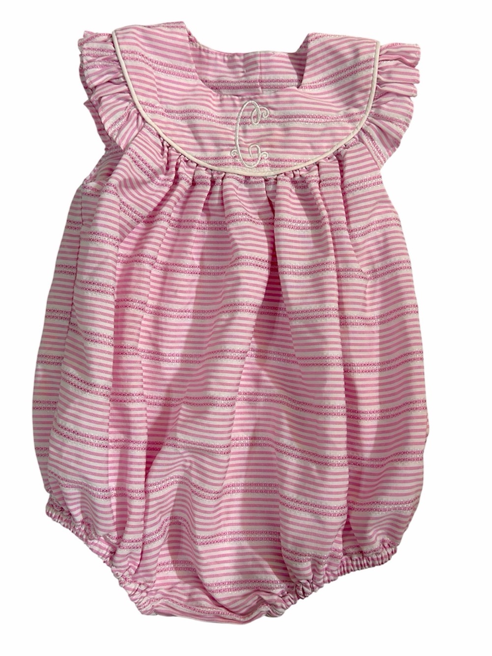 EEUC Classic Whimsy pink stripe detail bubble romper monogram C 9Months